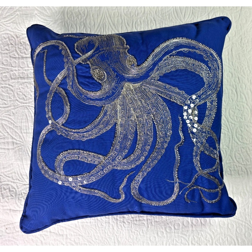 Pier 1 Imports 16" Square Throw Pillow Octopus Navy‎ Beaded Embroidered Coastal